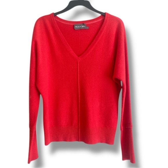 MICHAEL STARS X-TRA FINE WOOL/CASHMERE SWEATER Red V-Neck Seamed w Polo Sleeves - Picture 8 of 11